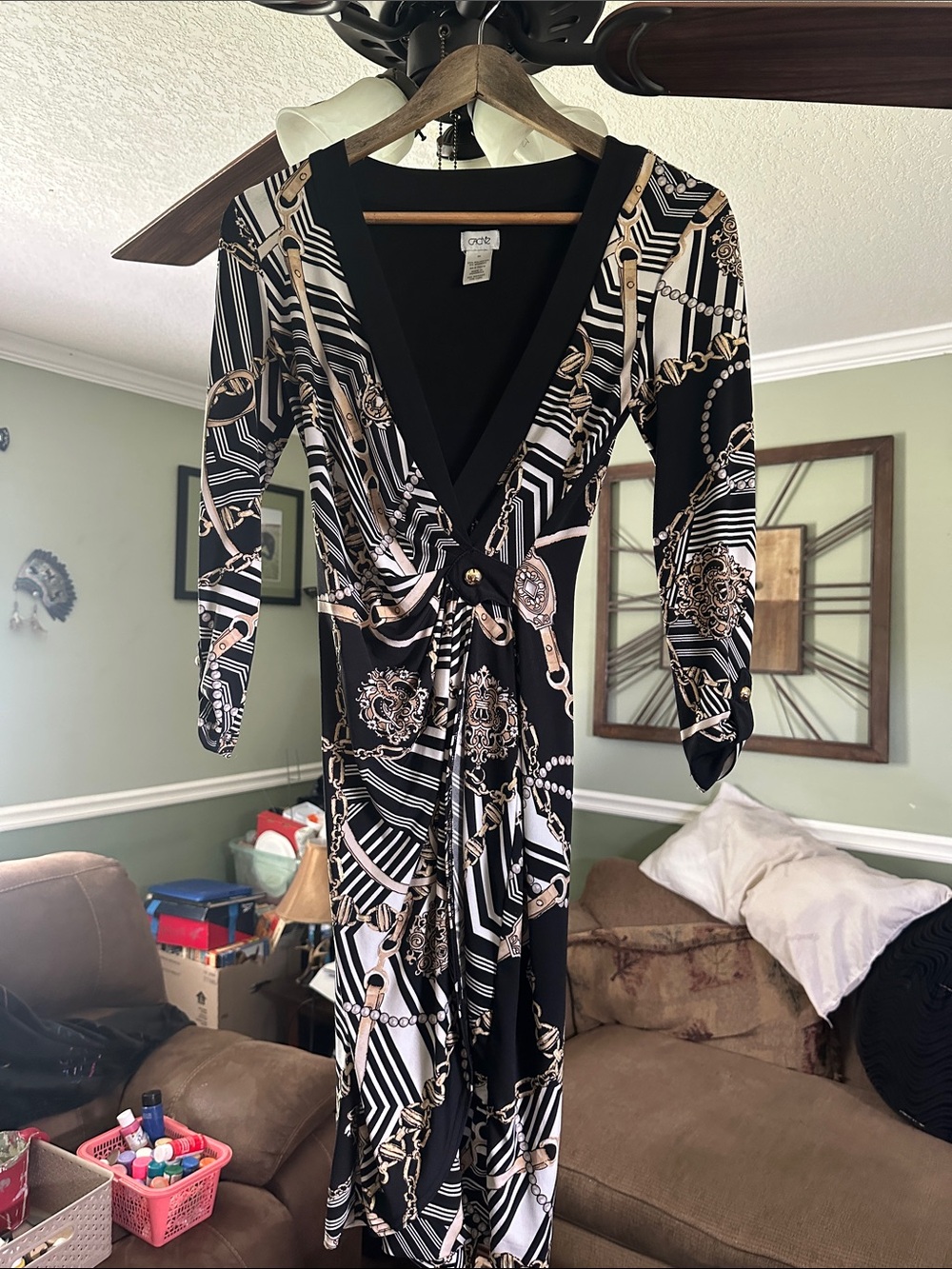 Cache Black & White Chain-Print Midi Wrap Dress